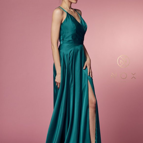 GREEN COLOR SATIN OPEN BACK PROM PARTY A-LINE LONG GOWN DRESS NX1020 - Picture 6 of 7